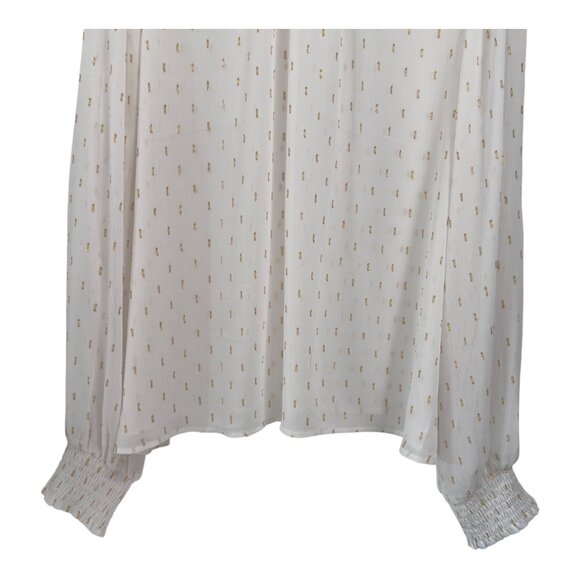 Express White & Gold Swiss Dot Blouse Shirred Mock Neck & Elastic Cuffs SZ XL - Picture 10 of 13